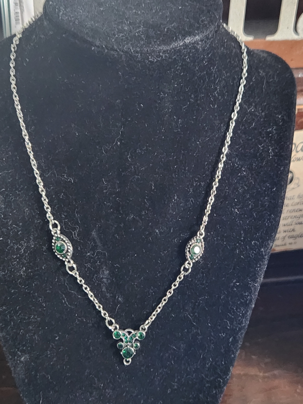 Silver Tone Necklace with Emerald Green Accents - Women's Jewelry